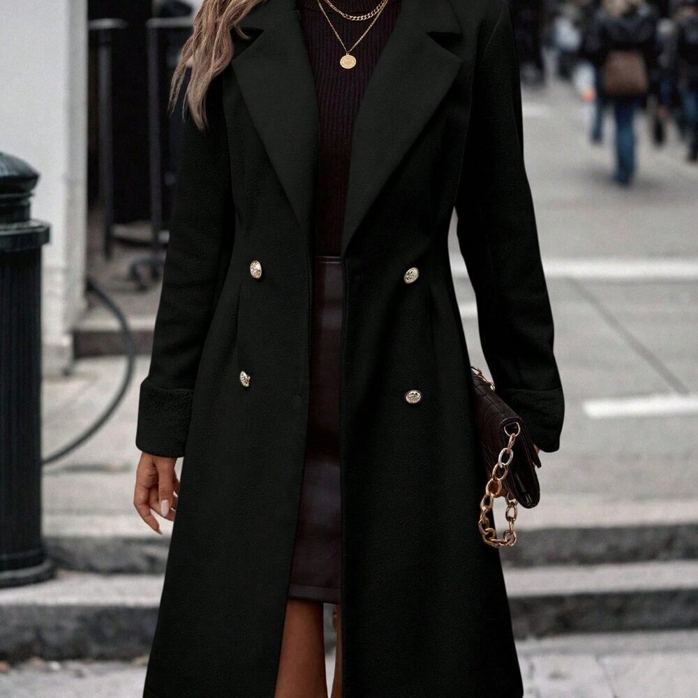 Black Casual Women's Lapel Neck Double Breasted Overcoat - Picture 5 of 6